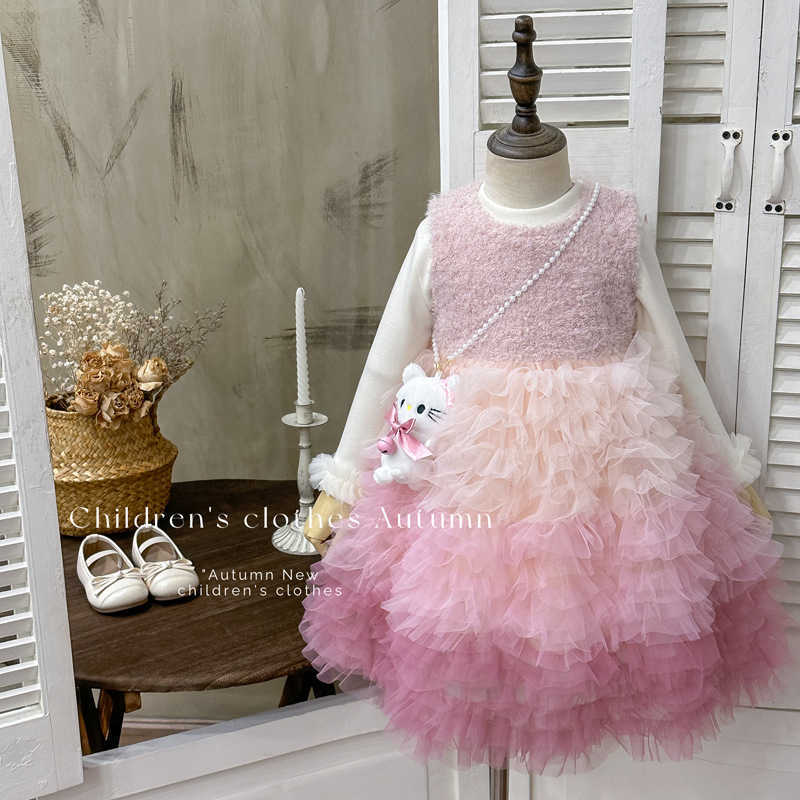 Girls' dress 2025 winter pink gradient mesh dress with fleece lining; doll solid color dress. L251107
