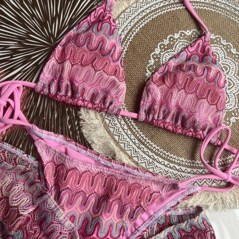 Knitted bikini set with three sexy striped swimsuits medieval polyester fiber beach style printed knitted 250313