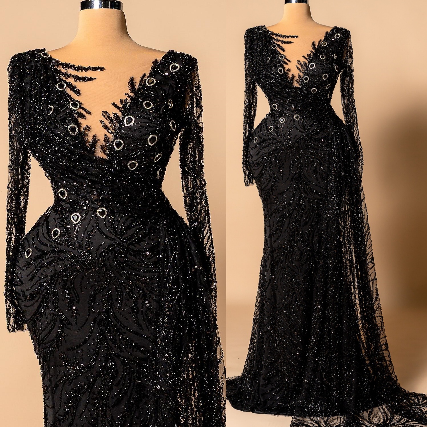 Mermaid Black Prom Dresses 2026 Crystals Sequined Lace Sheer Neck Evening Formal Party Second Birthday Engagement Gowns Plus Size Dress For Special Oc