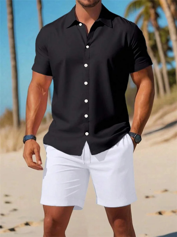Summer mens solid color short sleeved shirt set with lapel button up front sports and casual shorts Hawaiian vacation suit 250313