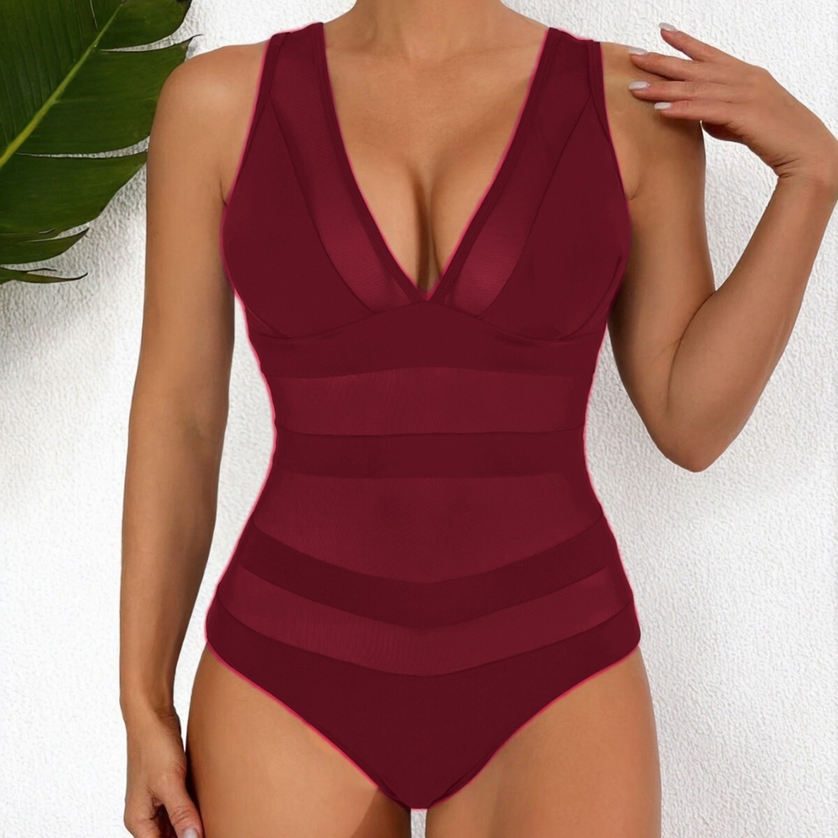 2025 Multi color Mesh Splicing Integrated Triangle Tight Hollow Back Swimsuit for Women