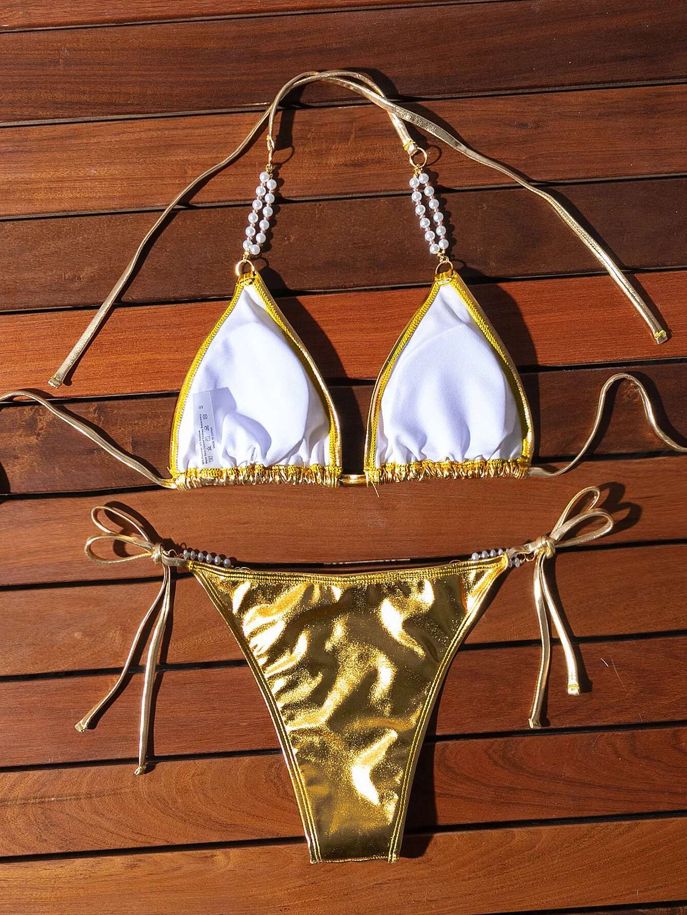 Dongdumaoyi Shiny Gold Bikini Set Women Sexy Pearls Strap PU Leather Push Up Micro Swimsuit Luxury Bathing Suit Tie Side Thong Swimwear