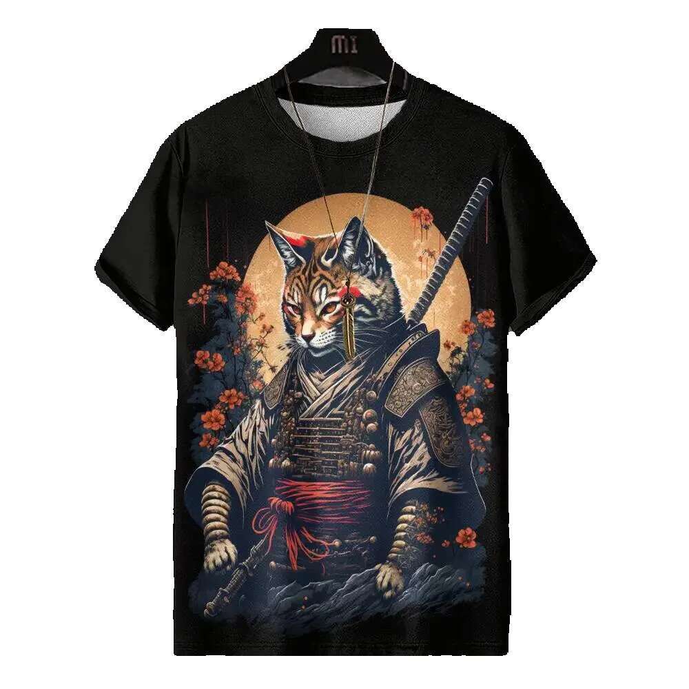 Japanese style 3D printed with warrior cat pattern casual short sleeved T-shirt oversized men's top