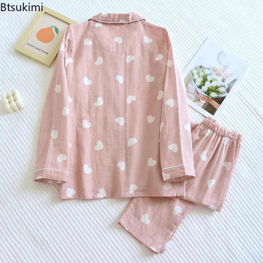 100% Cotton Gauze Pajamas for Women Love Heart Print Sweety Sleepwear Spring Autumn Nightwear 2 Piece Sets Women Loungewear 250402
