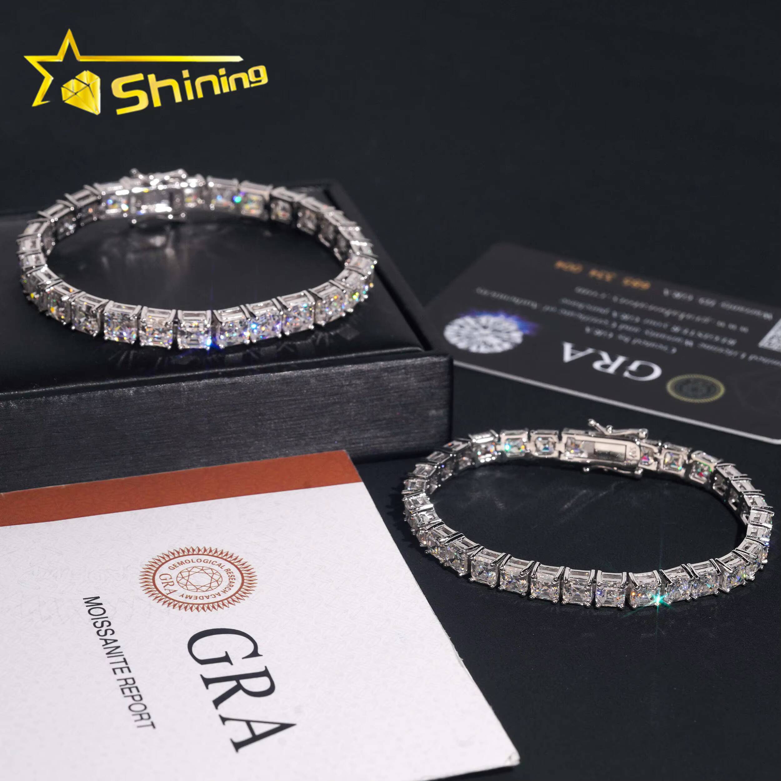 New Stocks 925 Silver Rhodium Plated Men Women Tennis Bracelet Hip Hop 5mm 6mm Asscher Cut Moissanite Diamond Bracelet