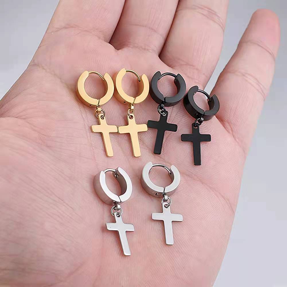 Top source cross clip without ear hole pendant earrings, trendy titanium steel fake earrings for male and female students