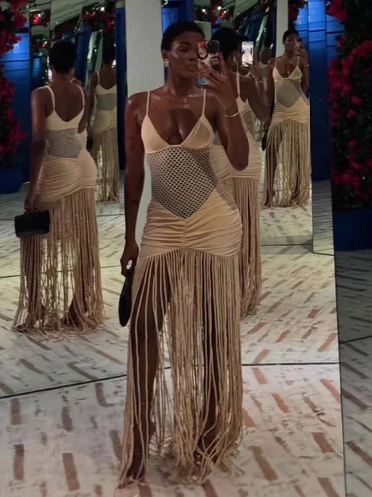 Hollow Out See-through Long Dress Women Holiday Tassels High Waist Sleeveless Strap Dresses Female Backless Evening Club Robe 250407