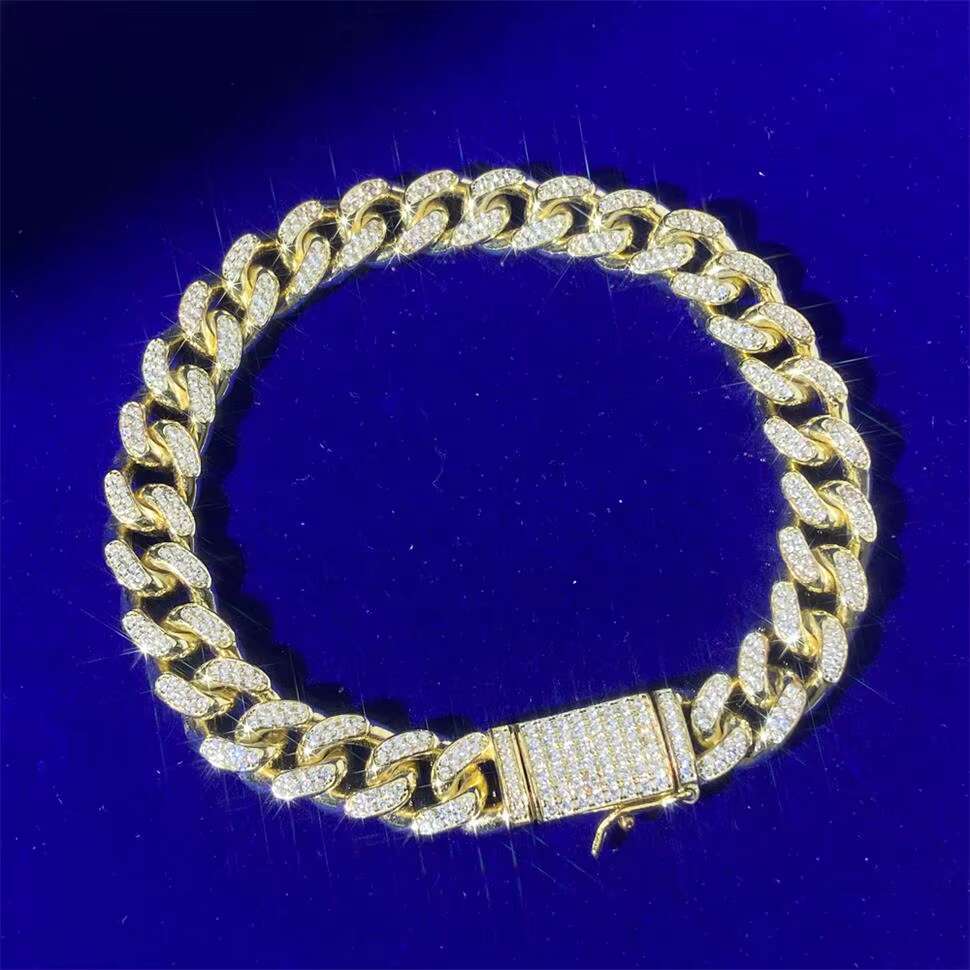 Iced Out 925 Silver Real 14K Yellow Gold Plated Round Cut Moissanite Zircon Diamond Cuban Link Bracelet for Mens