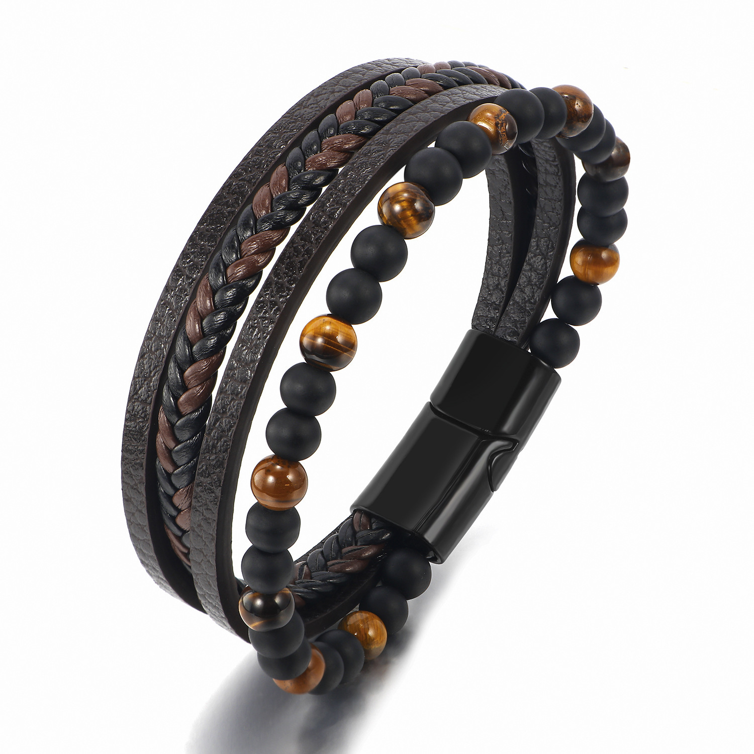Top Source New Alloy Buckle Leather Tiger Eye Stone Weaving Men's Beaded Bracelet