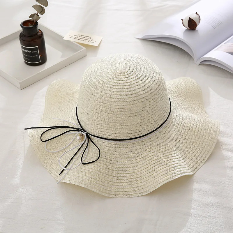 W41 Womens Hat Summer Japanese Wild Beach Straw Small Fresh Bow Adjustable Holiday Sun 250326