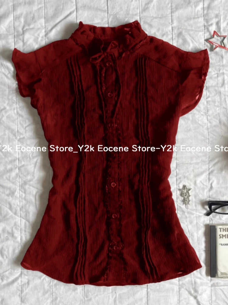 SpringSummer Wine Red Ruffle Collar Womens Retro n Slimming Casual Top Elegant Korean Fashion 250407