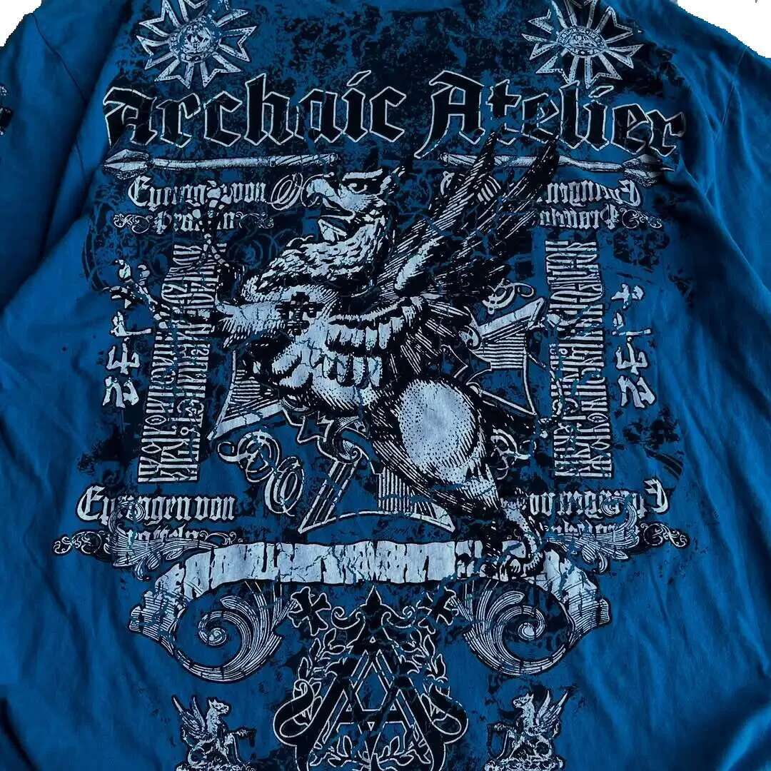 Men's short sleeved T-shirt, cotton, vintage streetwear, blue printed letters, hip-hop, gothic, punk, Y2K