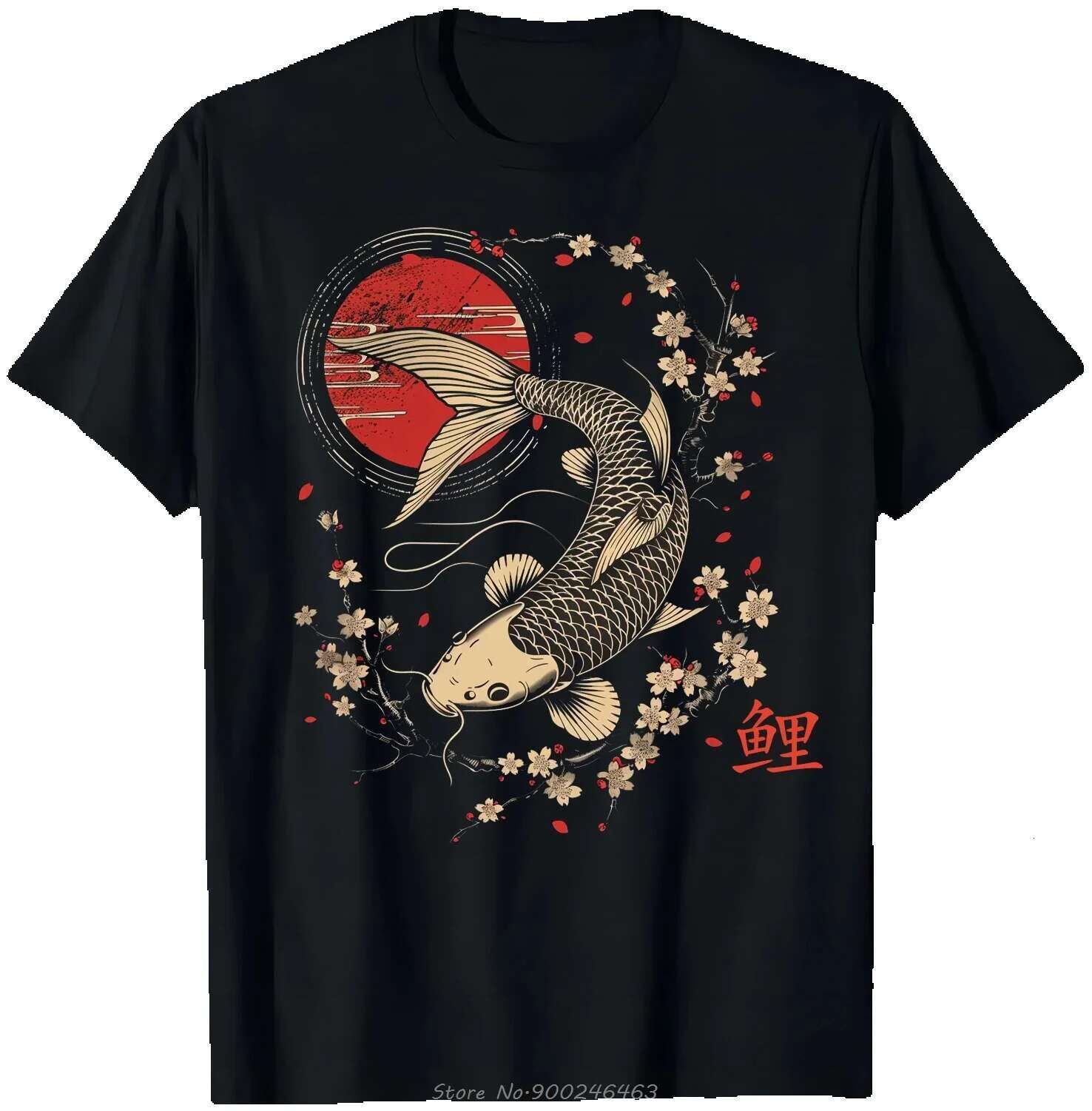 Koi Fish Japanese Sakura Pattern Art Fashion High Collar O-neck Cotton Men's Fierss T-shirt