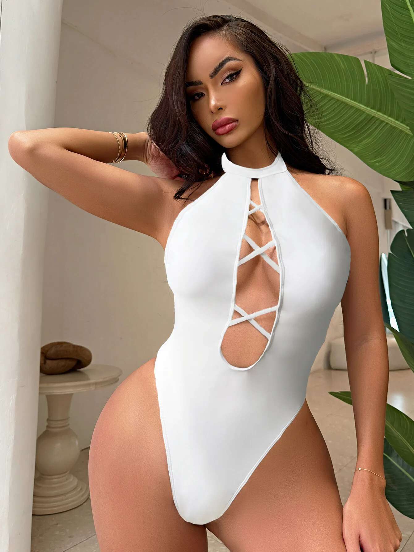 Dongdumaoyi Sexy Hollow Out Bandage Cross One Piece Swimsuit Women Black High Neck Backless Beach Bathing Suit Swimwear Pool Monokini