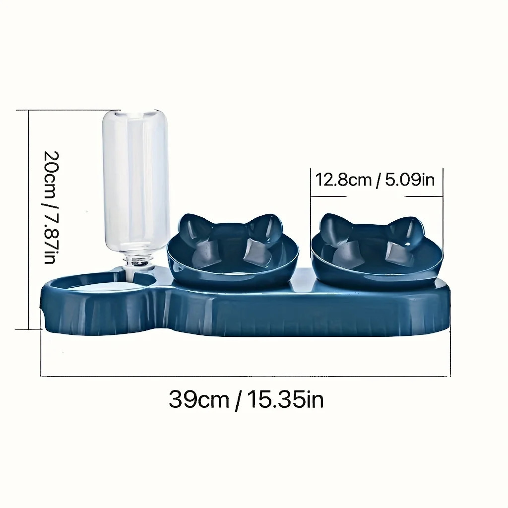 Pet bowl with water dispenser 3-in-1 ear tilted cat water and food bowl set with gravity water bottle for neck protection 250403