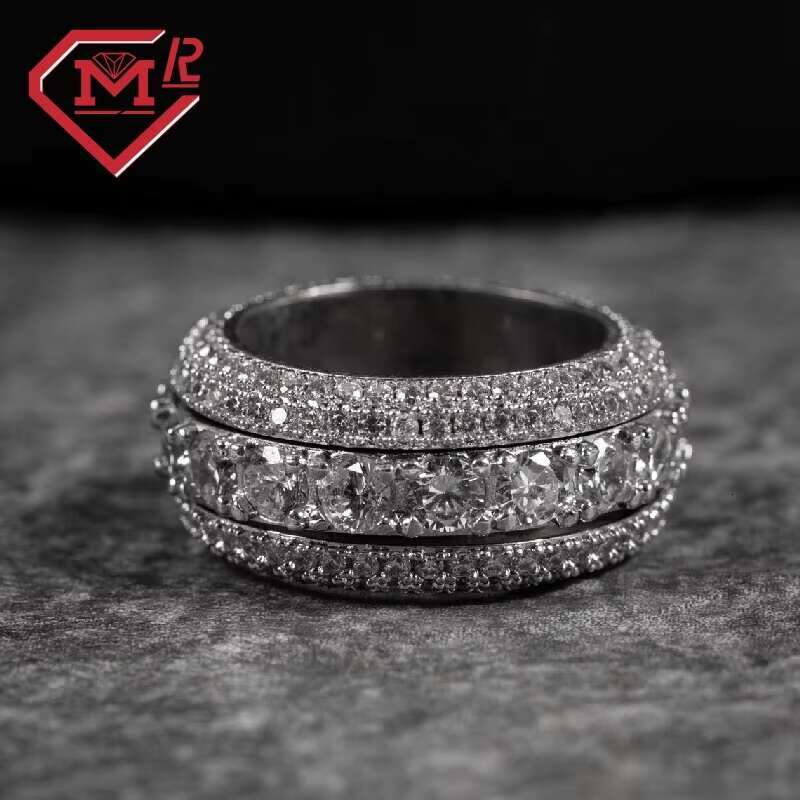 Hot Sale Iced Out Band Ring for Rappers Sterling Silver Hip Hop Moissanite Eternity Rings for Men