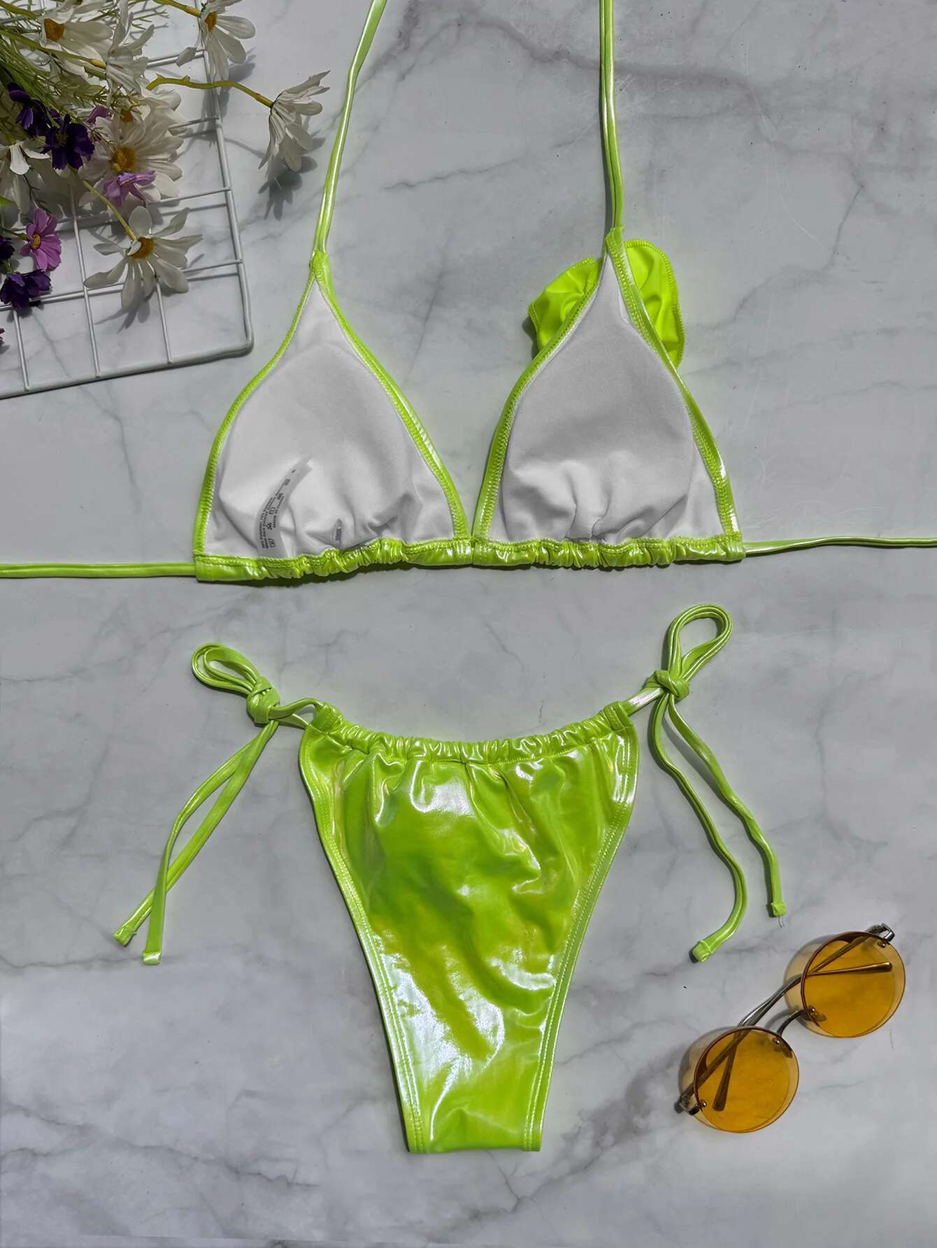Dongdumaoyi Sexy D Flower Micro Bikini Women White Neon Green Push Up Tie Side Triangle Swimsuit Brazilian Beach Bathing Suit Swimwear