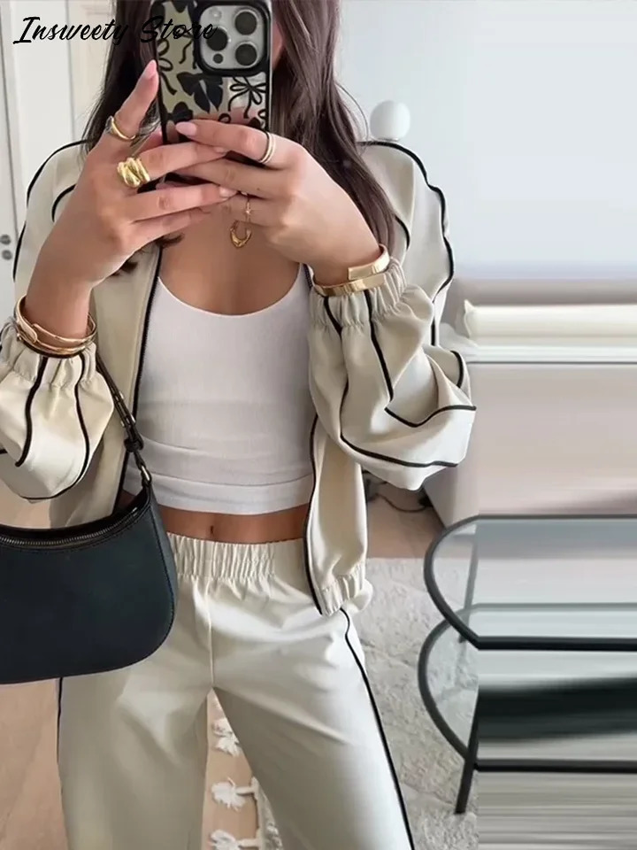 Striped sports jacket pants set womens loose full sleeved stand up collar top high waist wide leg pants spring womens track and field clothes 250402