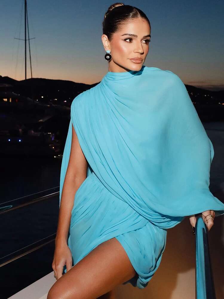 Kliou Mesh Irregular Women Mini Dress Solid Thin Single Sleeve O-Neck Cross Pleated Bodycon Mujer Unique High Street Party Frock