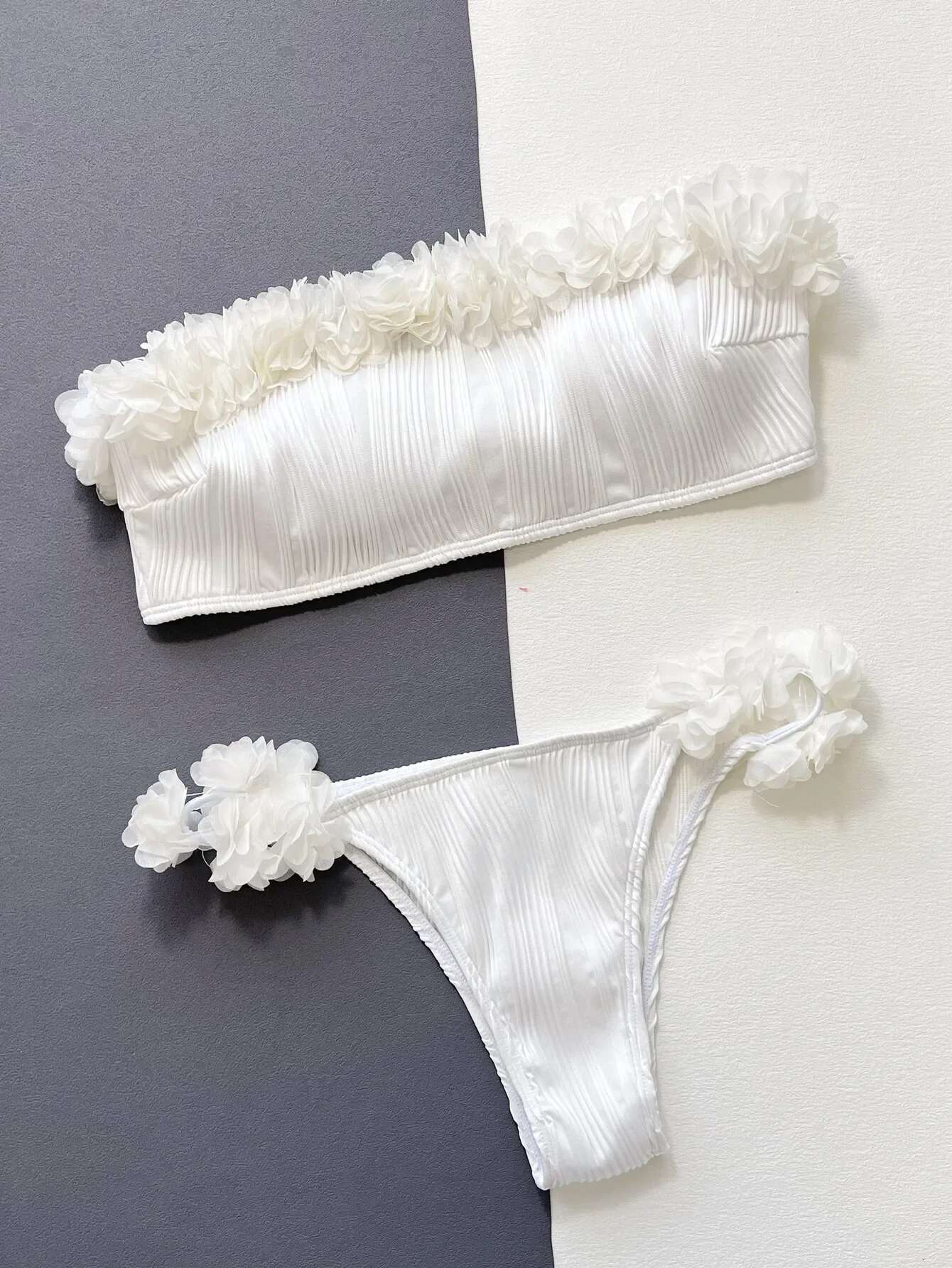 Dongdumaoyi Sexy Bandeau Bikini Women White Ruffles Push Up Micro Swimsuit Biquini Brazilian Summer Bathing Suit Floral Thong Swimwear