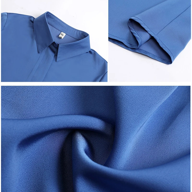TingYilis elegant office is adorned with satin silk shirts spring and autumn long sleeved womens tops pink yellow blue green black and white shirts 25