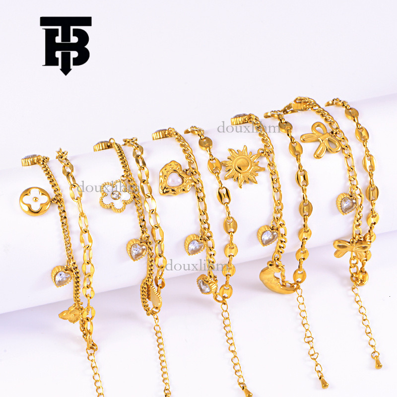 TB BHULAMTE Designer Titanium Steel Bracelet Neutral Style Luxury Bow Star Moon Love Set Diamond Double Layered Stacked Pig Nose Handmade Women's