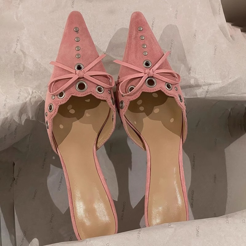 Women Bow Tie Heeled Mules Studs Pumps Pointy Kitten Heel Dress Heels Pointed Toe Dress Trendy Elegant Office Lady Shoes 250228