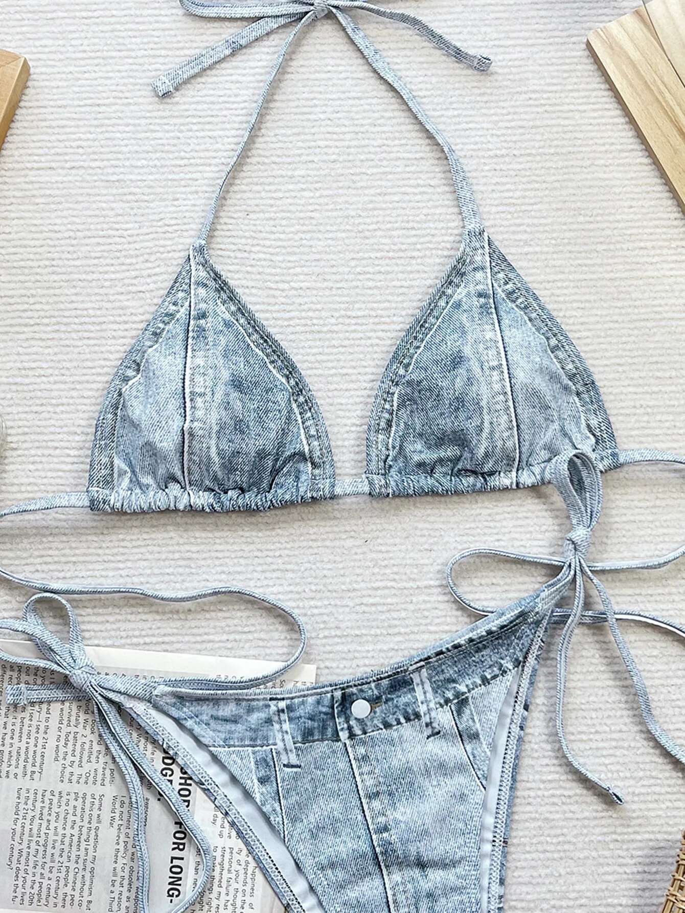Dongdumaoyi Sexy Denim Bikini Sets Women Halter Push Up Bra Tie Side Thong Swimsuit Brazilian Cut Out Beach Bathing Suit Micro Swimwear
