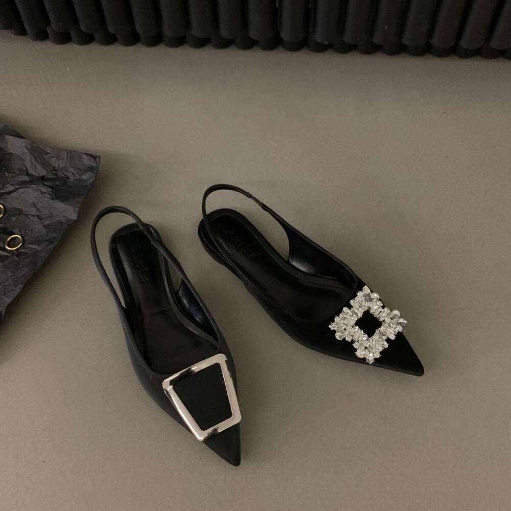 French Style Flat Black Peep-Toe Sandals Fairy 2025 New Spring Summer Pointed Toe Free shipping Rhinestone Elegant Single Shoes