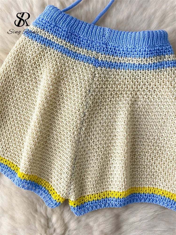 SINGREENY Bohemian Sexy Knitted Set Womens Lace Top Mini CamisShorts Fashion Strap Resort Style Beach 250313