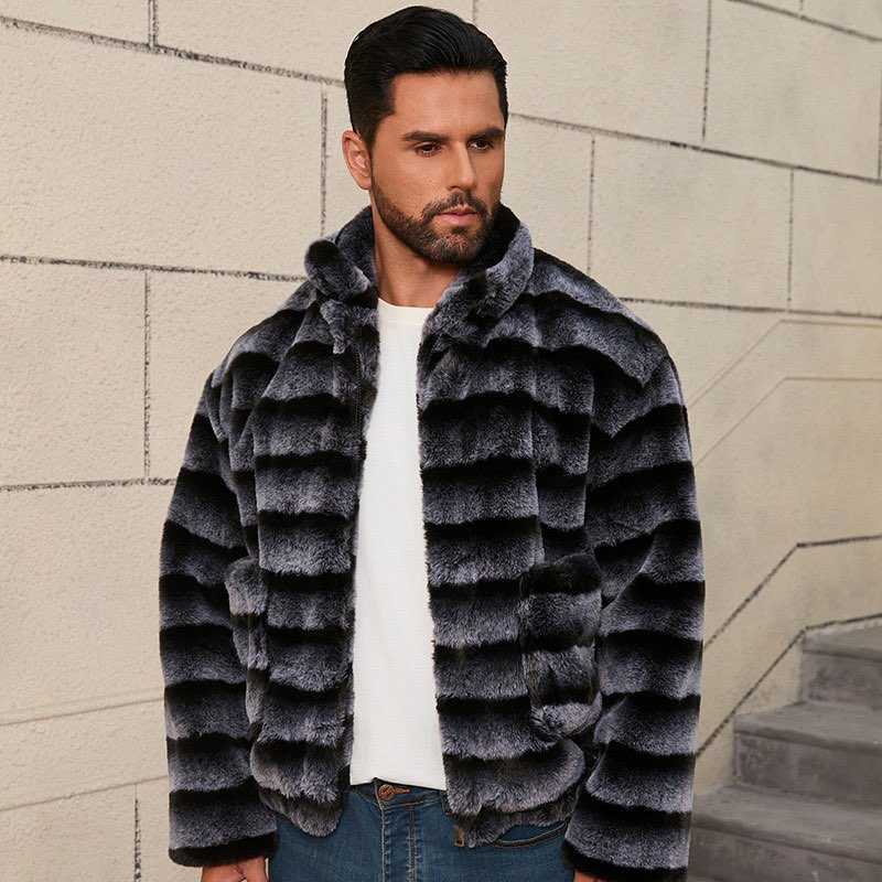 Fur Coat Men Fur Jacket Winter Fashion Hooded Warm Coat Real Rex Rabbit Fur Outwear Zipper Closure Customized L251025