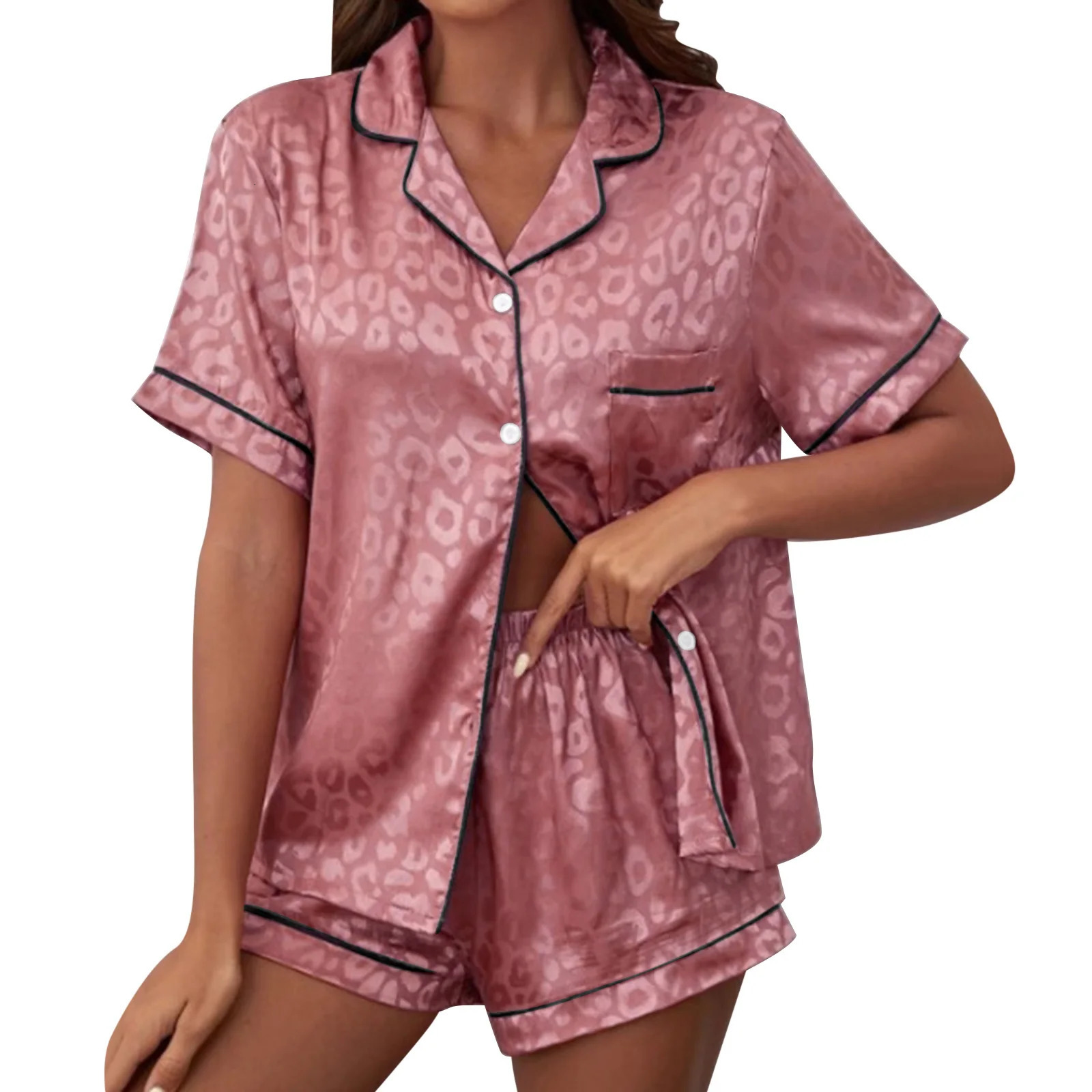 Pajama Set Womens Leopard Satin Short Sleeve Button Top with PJ Underwear 3XL 250313