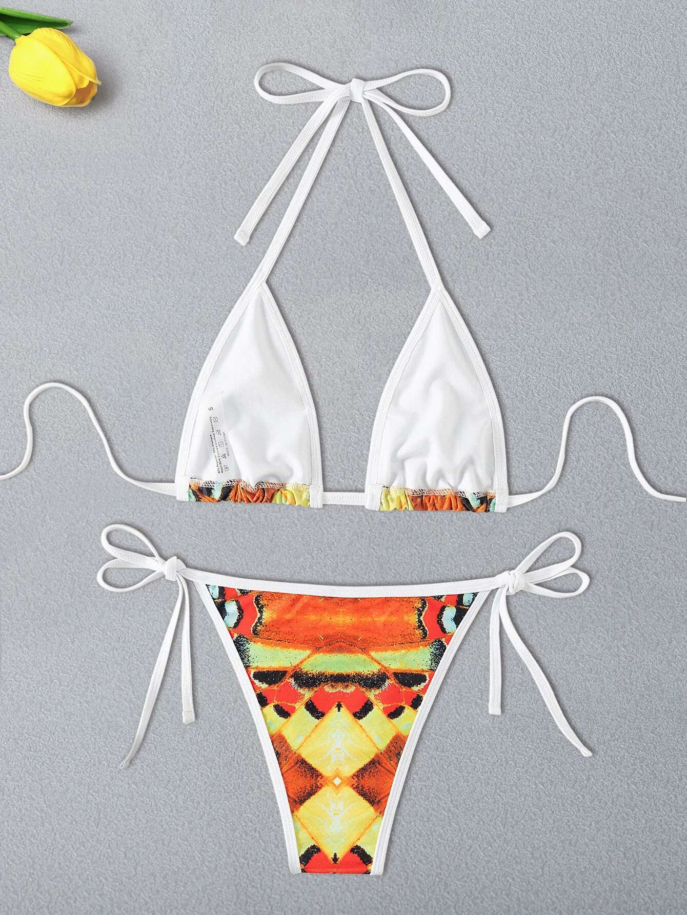 Dongdumaoyi Sexy Orange Tie Dye Print Bikini Set Women Halter Push Up Bra Side Bandage Thong Swimwear Bathing Suit Micro Swimsuit