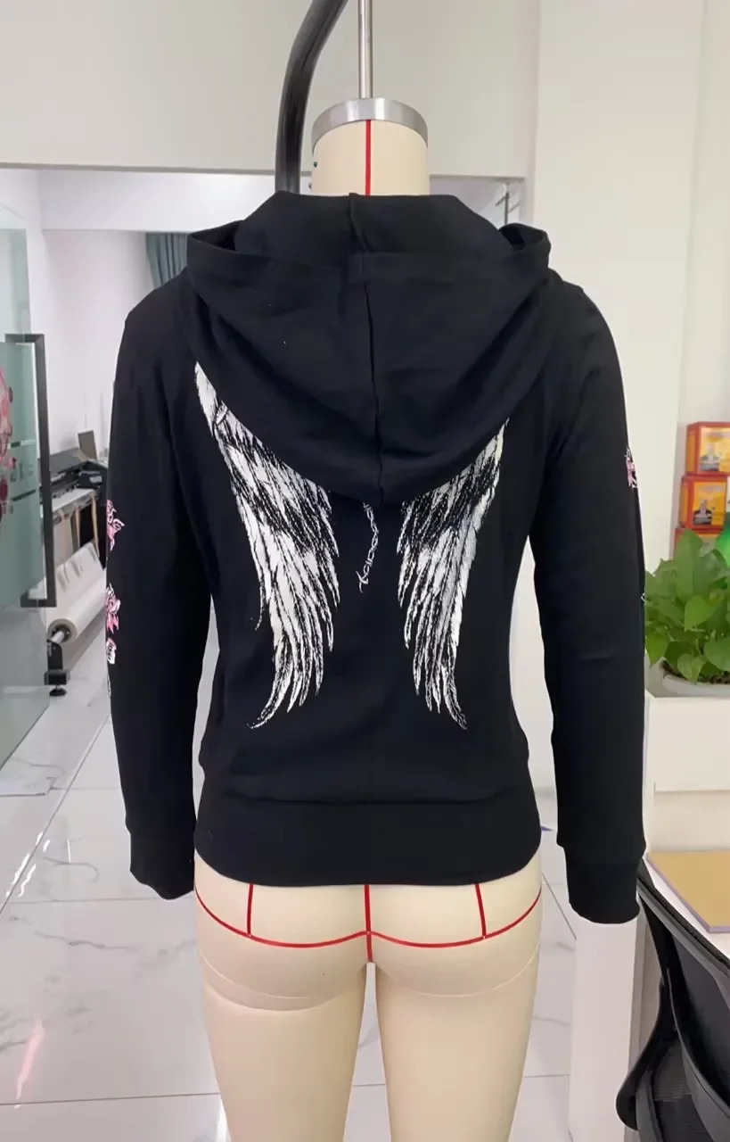 Womens Autumn y2k Fairycore Grunge Long Sleeve Sweatshirt Graphic Print Zipper Slim Fits Hoodie EGirls Gothic Coat 250403