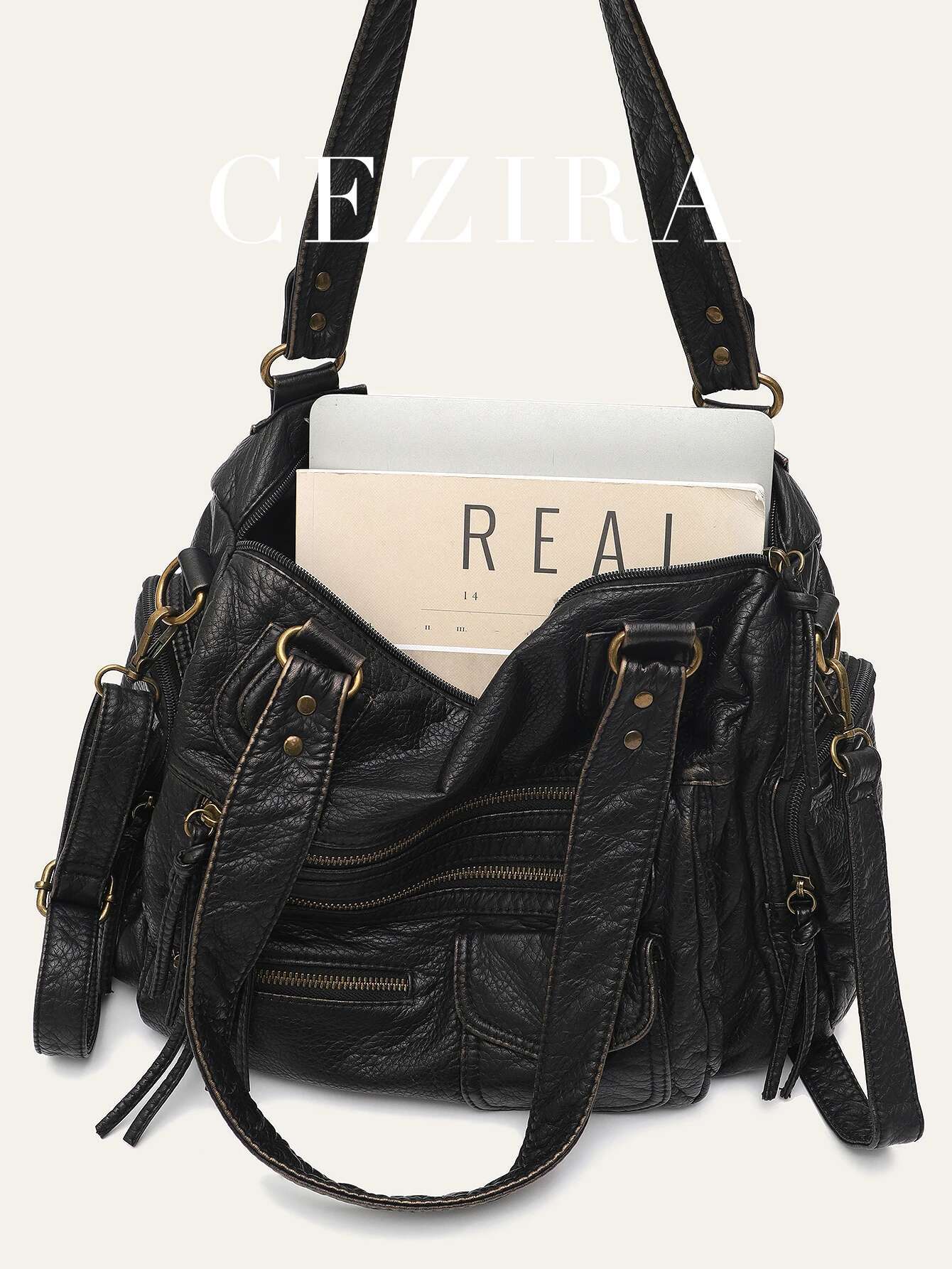 Vintage Women Unisex Brush-Off Color Washed PU Vegan Leather Zip Pockets Shoulder Cross Body Bag Large Retro Casual Daily Travel