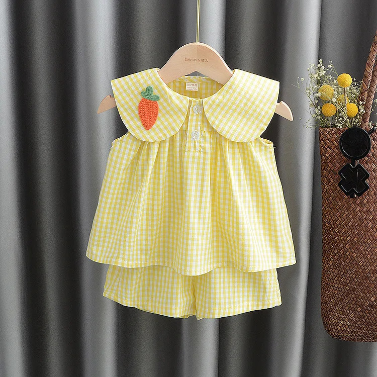 Summer Clothing Sets Baby Girl Cute Fruit Cotton Girls Plaid Sweet Princess 2pcs Suit Childrens Clothing Kids Vestidos 250407
