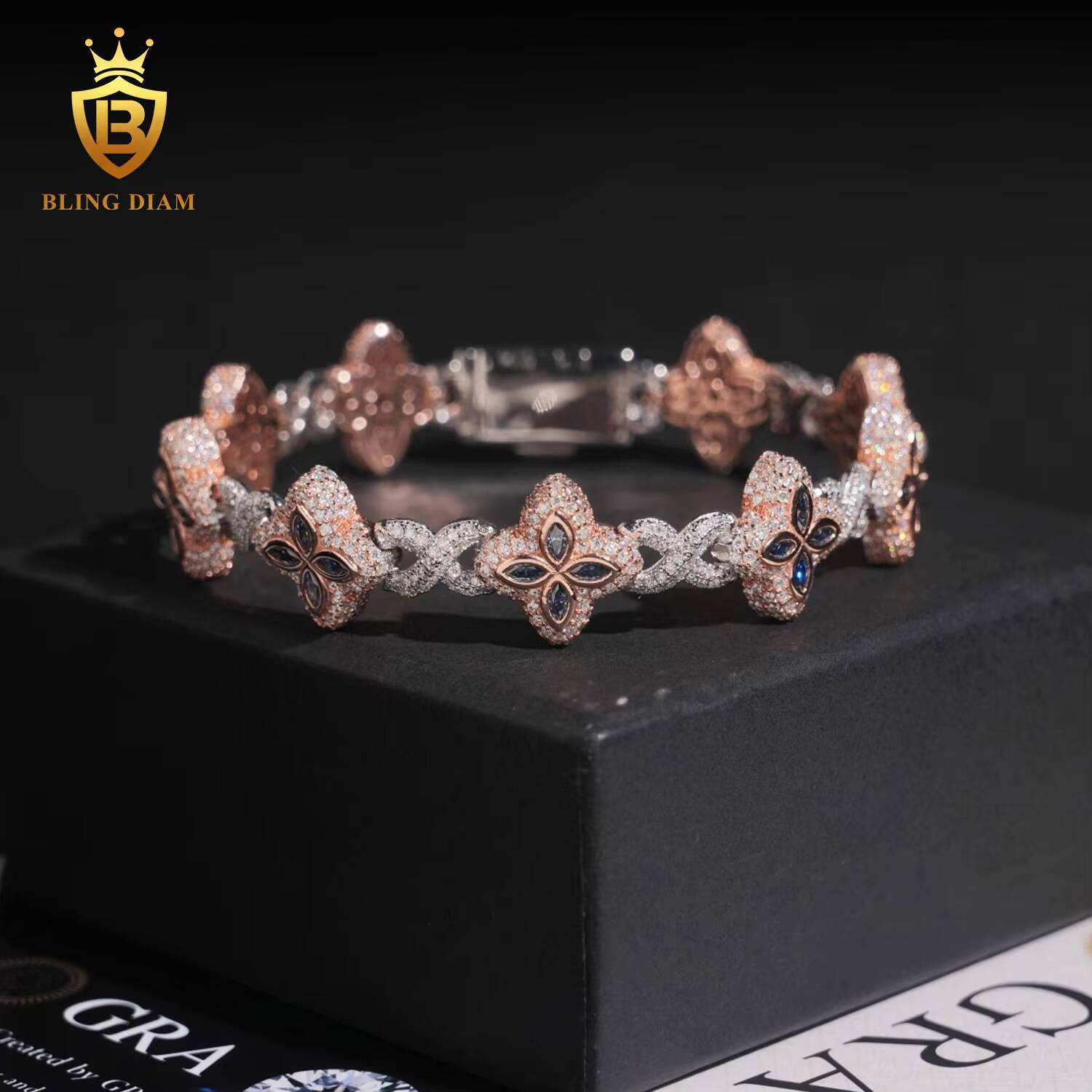 15mm Two Toned Flower Four Clover 925 Sliver Hip Hop Man Jewelry Iced Out Cuban Link Moissanite Infinity Rose Gold Pink Bracelet