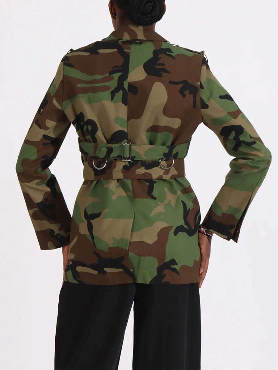 VGH Hit Color Camouflage Spliced Belt Jackets For Women Notched Collar Long Sleeve Patchwork Button Casual Coats Female Style