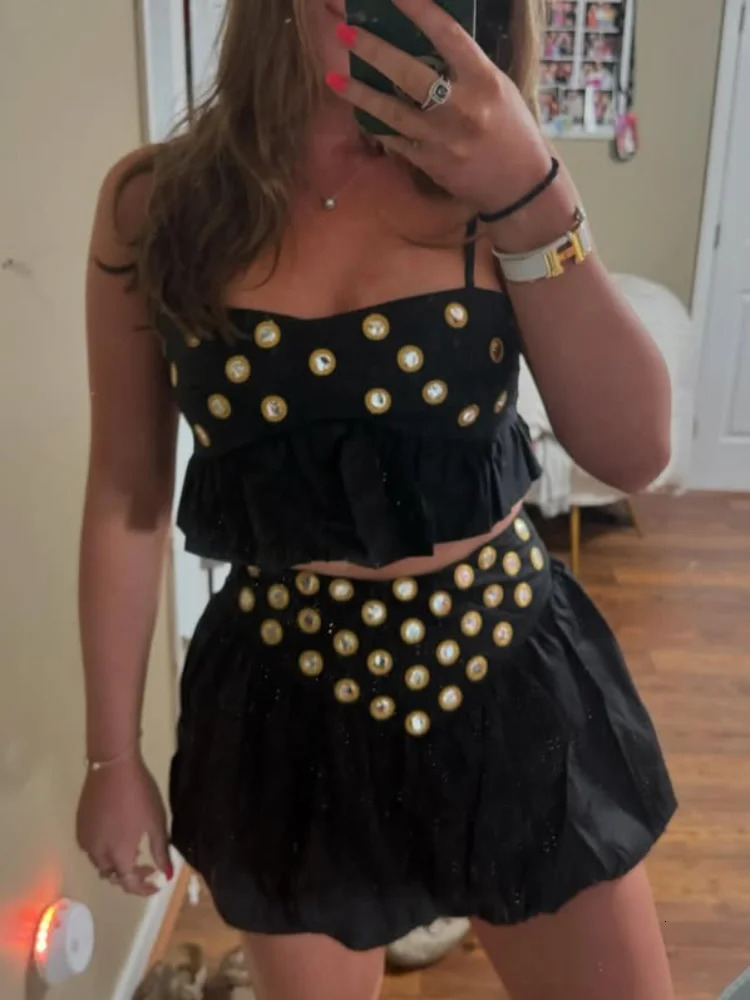 Sexy Sequin Top Skirt Party Set Women Strap Ruffle Solid Slash Neck Crop Tops Mini High Waist Bud Skirts 2025 Fashion Summer Set 251106
