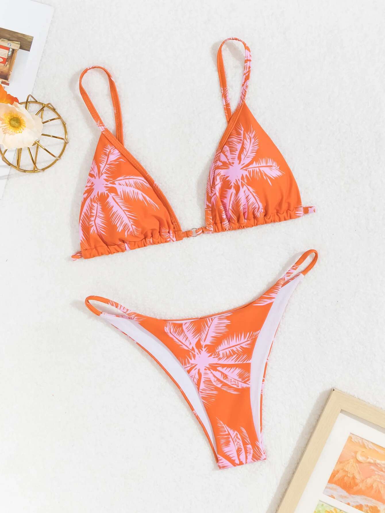 Dongdumaoyi Sexy Orange Maple Print Bikini Mujer Women Halter Push Up Bra Triangle Swimsuit Brazilian Beach Bathing Suit Micro Swimwear