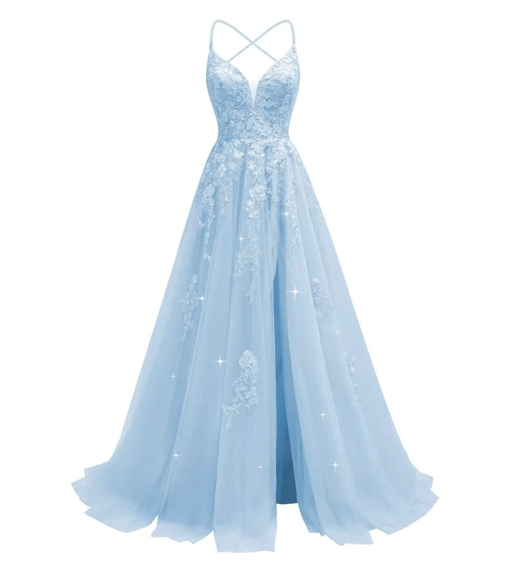 Long Prom Dresses Elegant Spaghetti Deep V-Neck Appliques Beading Split Backless Tulle A-Line Lace-up Plus Size Formal Occasion Evening Party Gown Pd1