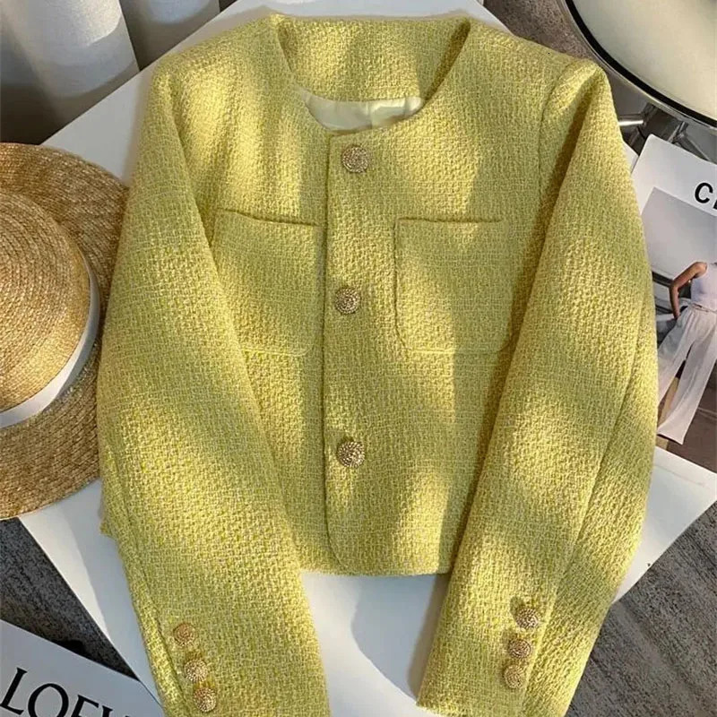 Fashion Tweed Short Jacket Womens Woolen Coat Spring Autumn O-neck Single-breasted Yellow Outerwear Streetwear Casual Tops 251105