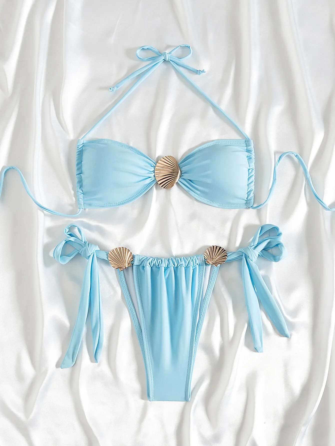 Dongdumaoyi Sexy Metal Shell Bikini Set Women Solid Sky Blue Pleate Push Up Tie Side Tanga Swimsuit Beach Bathing Suit Micro Swimwear