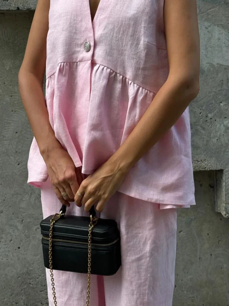 Loose pink cotton linen 2-piece womens summer special outfit sleeveless vest with high waist wide pants set 250401