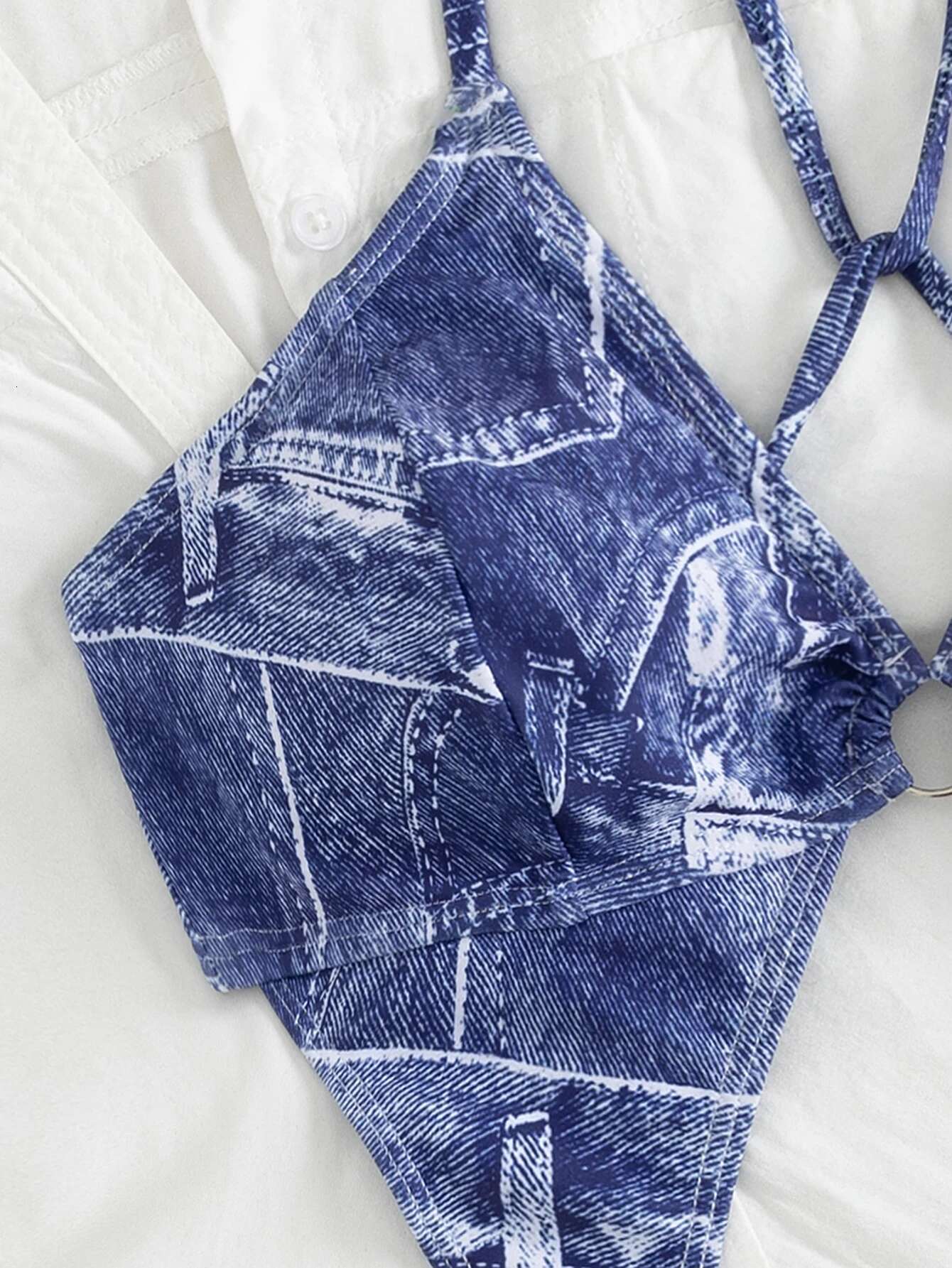 Dongdumaoyi Sexy Jean Bikinis Sets Women Halter Metal Ring Hollow Out Bandage Crop Top Thong Swimsuit Beach Bathing Suit Micro Swimwear