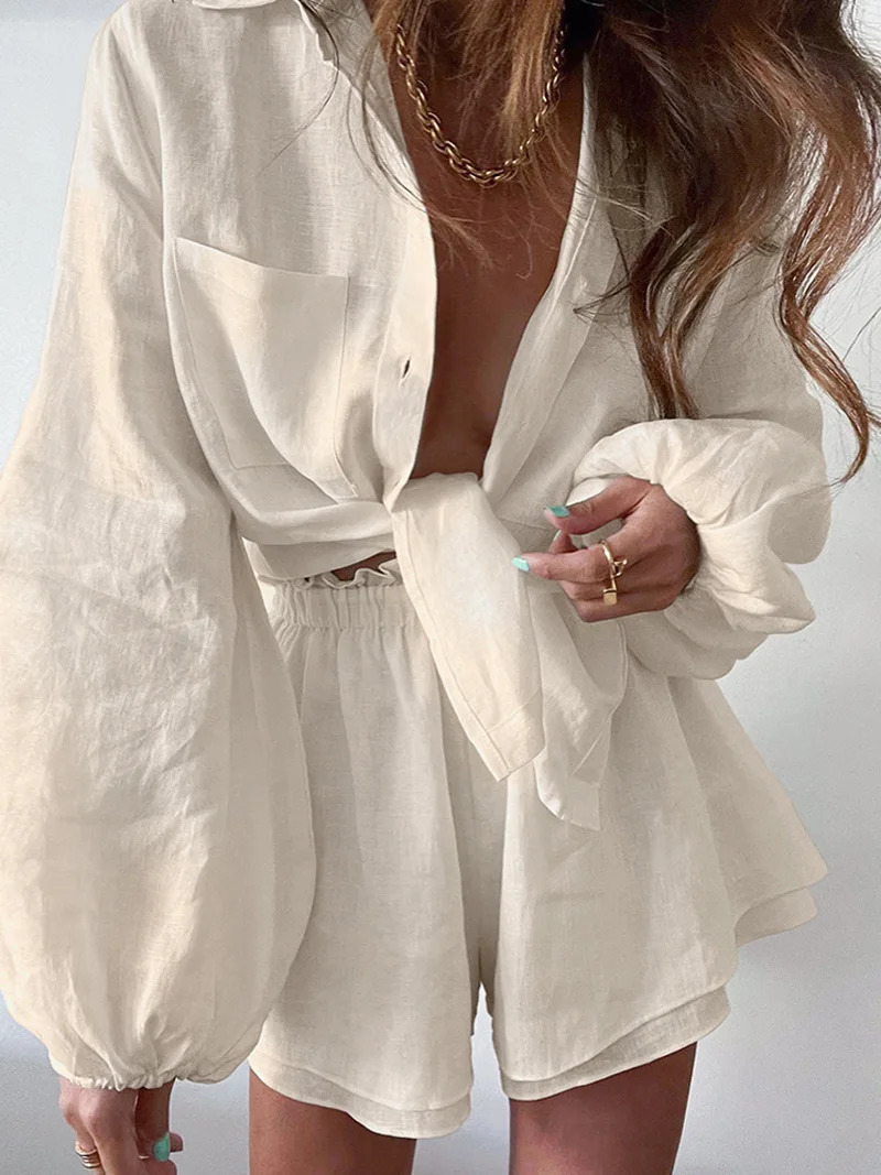 Womens Spring and Summer Bohemian Shorts Set Pure White Loose Set Shirt Set 2-piece Set 250402