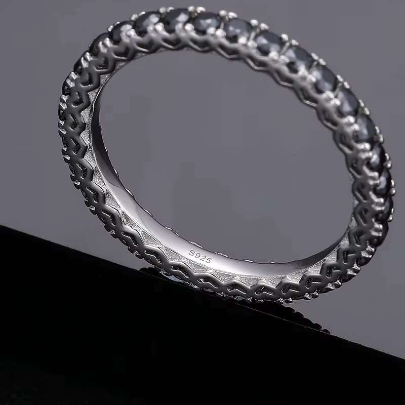 Wholesale Fine Jewelry Dainty 2.45mm 925 Sterling Silver 1 Row Black D Color VVS Moissanite Diamond Tennis Band Ring