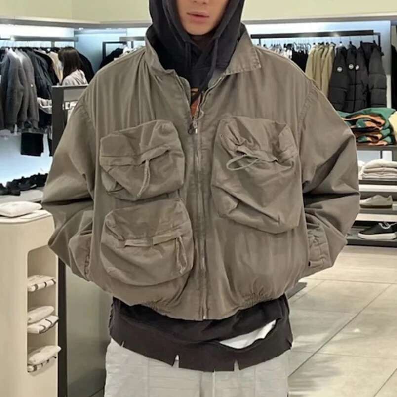 Vintage Multi-pockets Lapel Windbreaker Mens Workwear Jacket High Street Casual Loose Fall Coat Oversized Baggy Unisex Clothes