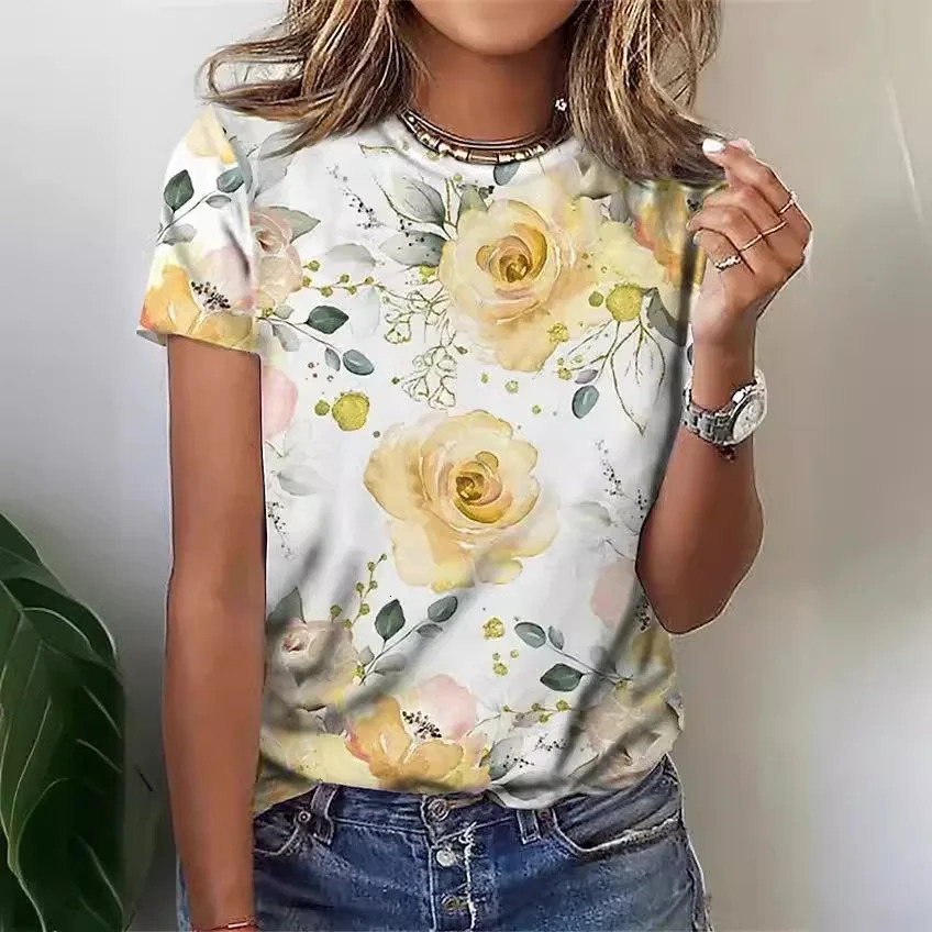Womens Street Fashion Tshirt Flower 3D Printed Short Sleeve Daily Edition Casual Loose Round Neck Top Clothing 250407