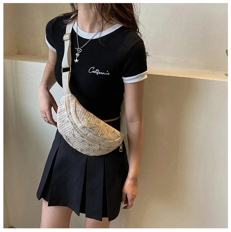 Womens suspender backpack chest cross body bag fashionable straw woven small waist bag summer casual messenger shoulder bag 250402